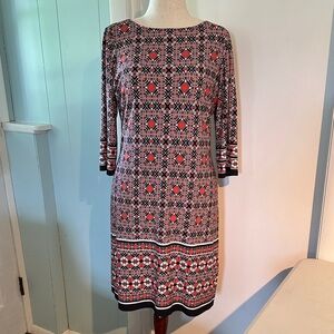 Chic Long Sleeve Patterned 3/4 Sleeve Shift Dress - Black and Red Orange